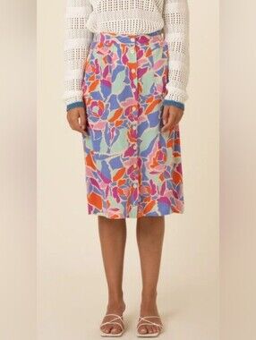 FRNCH Paris Ellyette Abstract Floral Button-Front Midi Skirt Pink Purple Mint L